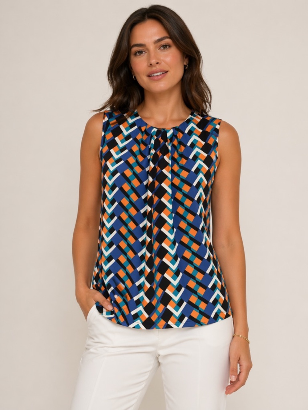Calvin Klein Women's Top with Geometric Pattern - Blue, Orange, Black